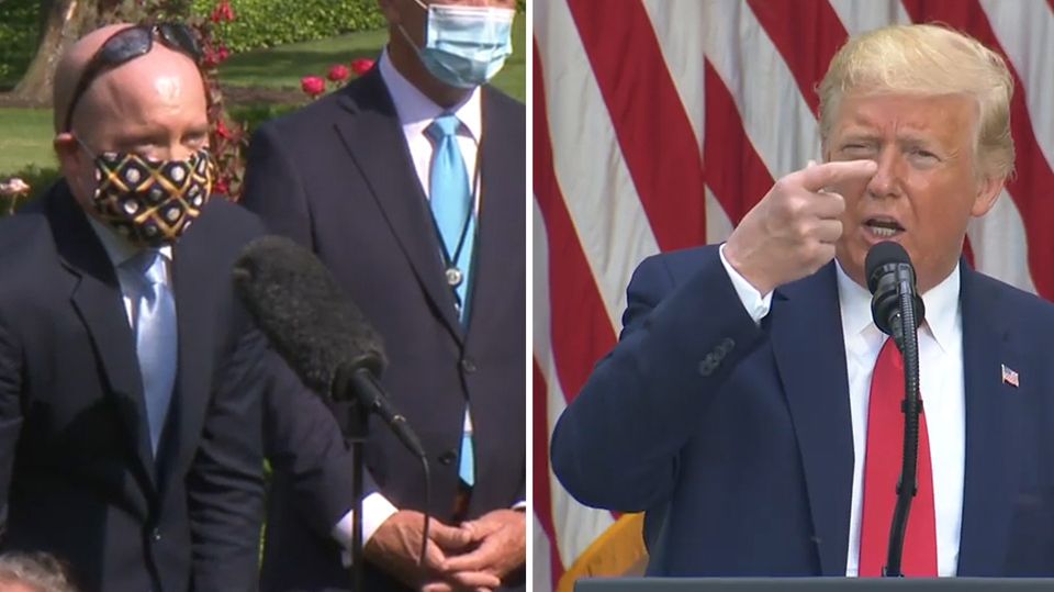 Bei einer Pressekonferenz vor dem Weißen Haus kritisiert Donald Trump einen Reporter, der eine Maske trägt.