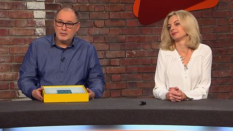 "Bares für Rares"-Händler Walter "Waldi" Lehnertz hält die Installation von Keith Haring in seiner Hand. Mit dem Kunstwerk hat er Merkwürdiges vor. Kollegin Susanne Steiger guckt skeptisch.