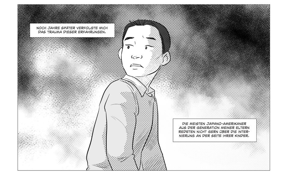 They Called Us Enemy Takei blickt in einer Illustration über seine Schulter
