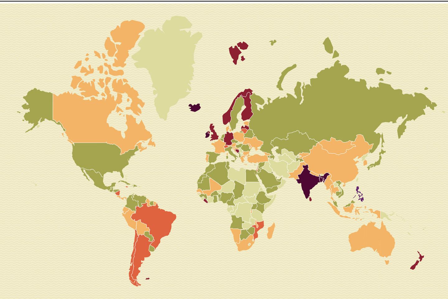 Diese 64 Länder wurden in den letzten 50 Jahren von einer Frau regiert:  Hell Grün - Keine Daten  Olive Grün - 0  Orange -  <1- 4  Hell Rot -  5 - 9  Wein Rot -  10 - 14  Lila -  15 - 19  Dunkel Lila -  20 - 24
