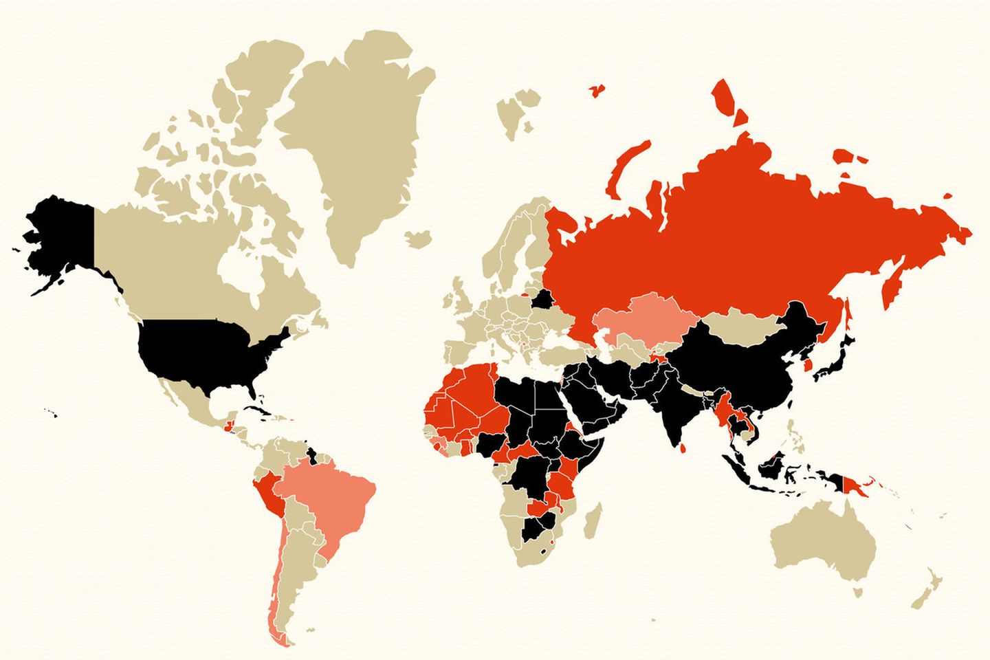 Weltweite Verbreitung der Todesstrafe:  Beige - Todesstrafe vollständig abgeschafft  Lachs - Abgeschafft mit Außnahme bei besonderer Schwere der Tat  Rot - Todesstrafe ist per Gesetz noch immer Möglich, doch es wurde in den letzten 10 Jahren keine Hinrichtung durchgeführt  Schwarz - Todesstrafe wird weiterhin verhängt und ausgeführt
