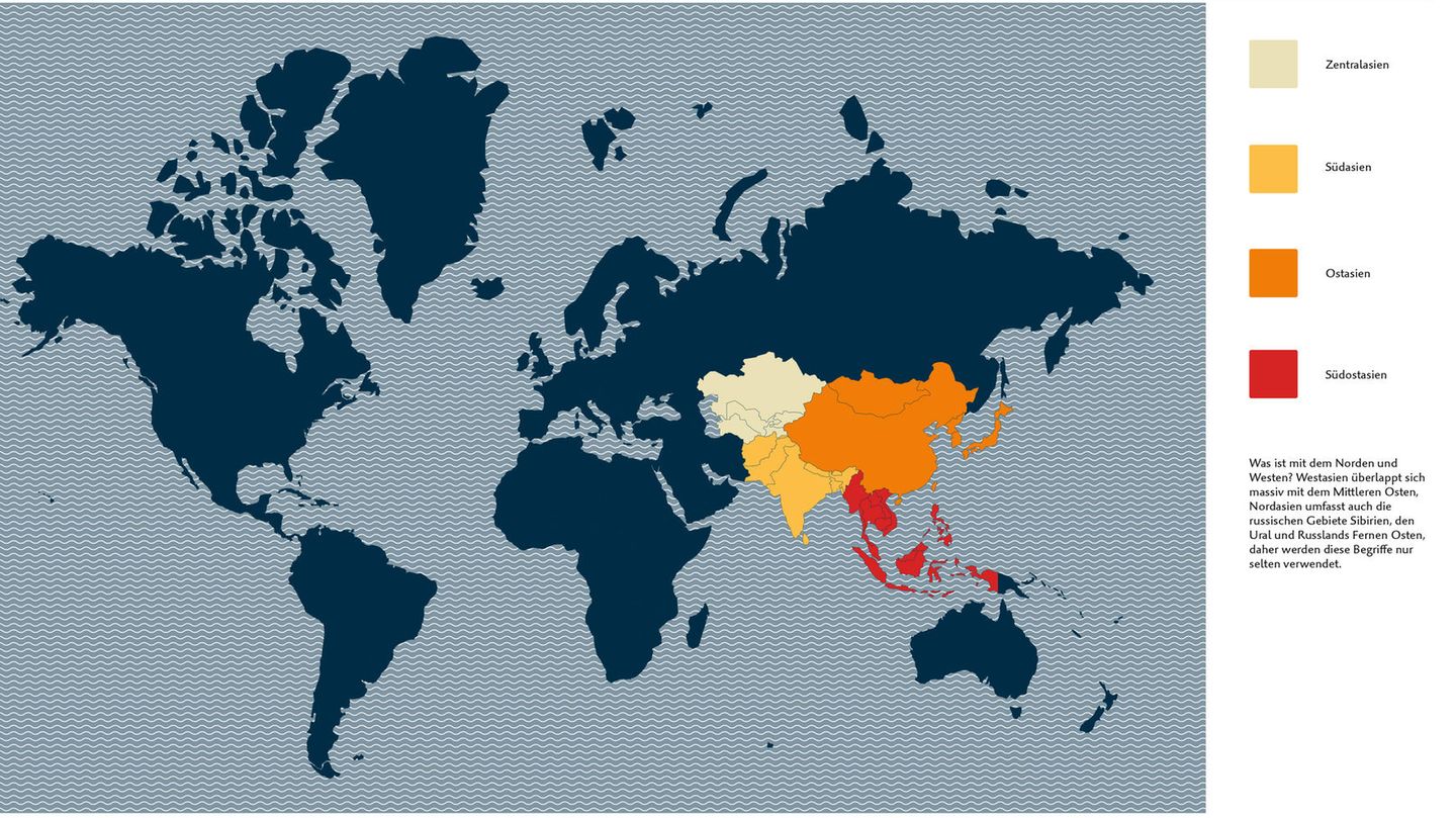 "Atlas für Neugierige": Was meinen wir, wenn wir "Asien" sagen? Hell Gelb - Zentral Asien Gelb - Südasien Orange - Ostasien Rot - Südostasien Was ist mit dem Norden und Westen? Westasien überlappt sich massiv mit dem Mittleren Osten, Nordasien umfasst auch die russischen Gebiete Sibirien, den Ural und Russlands Fernen Osten, daher werden die Begriffe nur selten verwendet. Was meinen wir, wenn wir "Asien" sagen? Hell Gelb - Zentral Asien Gelb - Südasien Orange - Ostasien Rot - Südostasien Was ist mit dem Norden und Westen? Westasien überlappt sich massiv mit dem Mittleren Osten, Nordasien umfasst auch die russischen Gebiete Sibirien, den Ural und Russlands Fernen Osten, daher werden die Begriffe nur selten verwendet.
