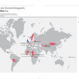 22 Länder, die das Vereinte Königreich nicht angegriffen hat  Grau schattiert sind jene Länder (oder die historischen Vorläufer), die irgendwann in der Vergangenheit entweder vom Vereinten Königreich (oder seinem historischen Vorläufer) angegriffen oder sogar besetzt wurden. Blau ist das vereinigte Königreich selbst gekennzeichnet, in Pink sieht man die Länder, die das Vereinigte Königreich nicht angegriffen oder besetzt hat