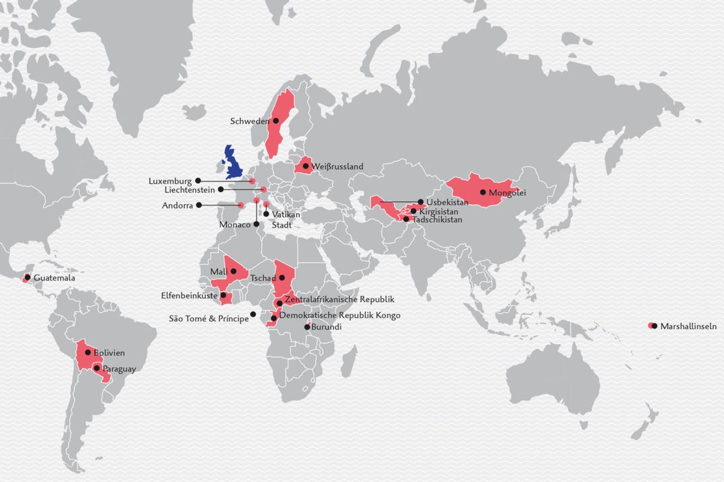 22 Länder, die das Vereinte Königreich nicht angegriffen hat  Grau schattiert sind jene Länder (oder die historischen Vorläufer), die irgendwann in der Vergangenheit entweder vom Vereinten Königreich (oder seinem historischen Vorläufer) angegriffen oder sogar besetzt wurden. Blau ist das vereinigte Königreich selbst gekennzeichnet, in Pink sieht man die Länder, die das Vereinigte Königreich nicht angegriffen oder besetzt hat