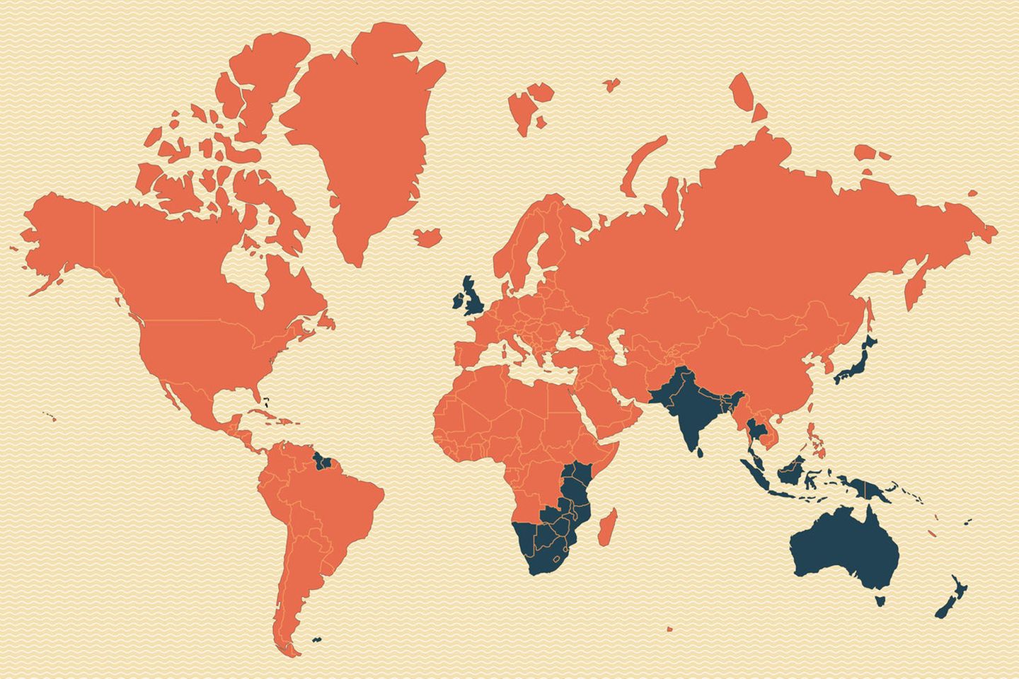  Wer fährt auf der falschen Seite?  Alle Orange markierten Länder fahren auf der Rechten, alle dunkel Blau markierten auf der linken Seite