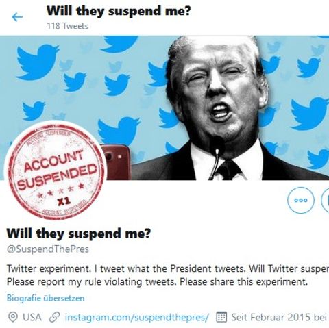 Der Screenshot zeigt das Twitter-Konto SuspendThePres, das Donald Trumps Tweets wiedergibt