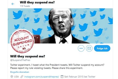 Der Screenshot zeigt das Twitter-Konto SuspendThePres, das Donald Trumps Tweets wiedergibt