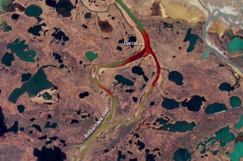 Ein Satellitenbild zeigt den Fluss Ambarnaja, nachdem etwa 20.000 Tonnen Dieselöl in das Gewässer gelaufen sind