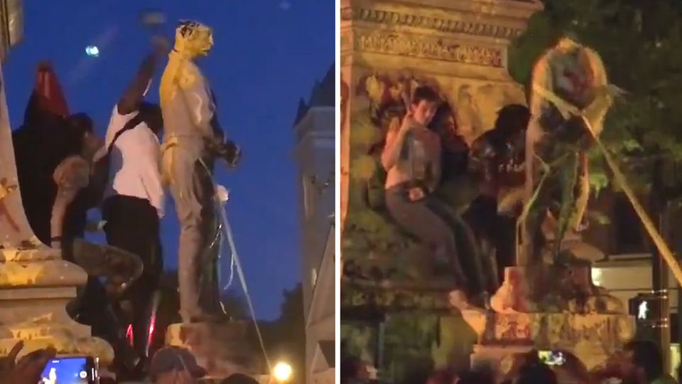 Portsmouth, Virginia: Niedergerissene Statue fällt auf Demo-Teilnehmer und verletzt ihn schwer. Portsmouth, Virginia: Niedergerissene Statue fällt auf Demo-Teilnehmer und verletzt ihn schwer.