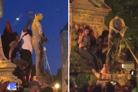 Portsmouth, Virginia: Niedergerissene Statue fällt auf Demo-Teilnehmer und verletzt ihn schwer.
