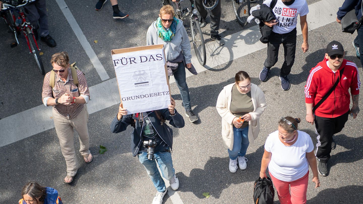 Ein Mann hält während einer Demonstration ein Schild, auf dem "Für das Grundgesetz" steht, hoch