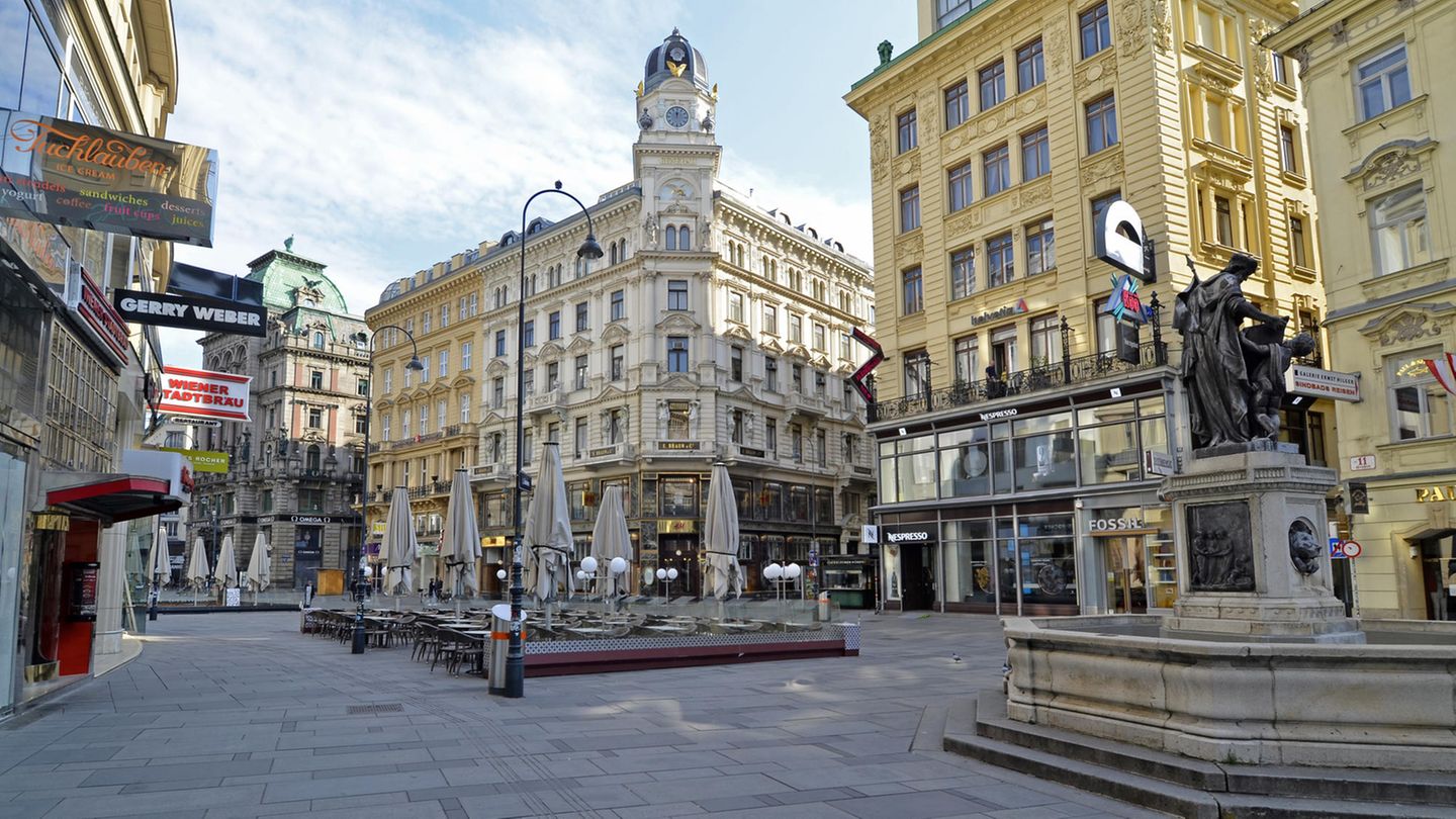 Der menschenleere Wiener Graben im Ersten Bezirk während der Ausgangsbeschränkung im März