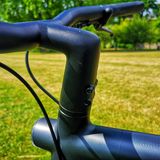 Die beiden Bremsleitungen hier sind die einzig sichtbaren Kabel. Da Lenker und Vorbau aus einem Stück sind, wurde die Verschraubung auf ein Minimum reduziert.