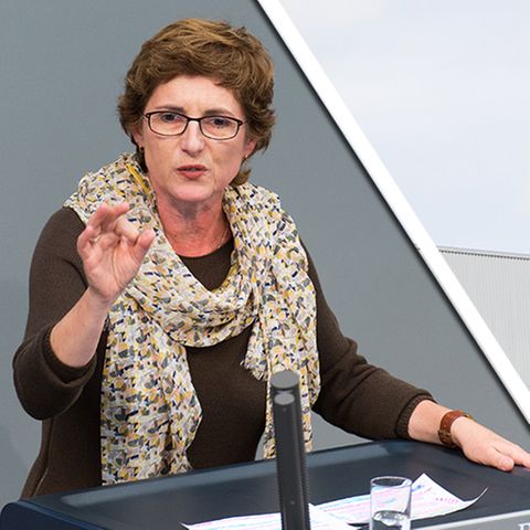 Grünenpolitikerin Britta Haßelmann neben einem Firmenlogo der Firma Tönnies