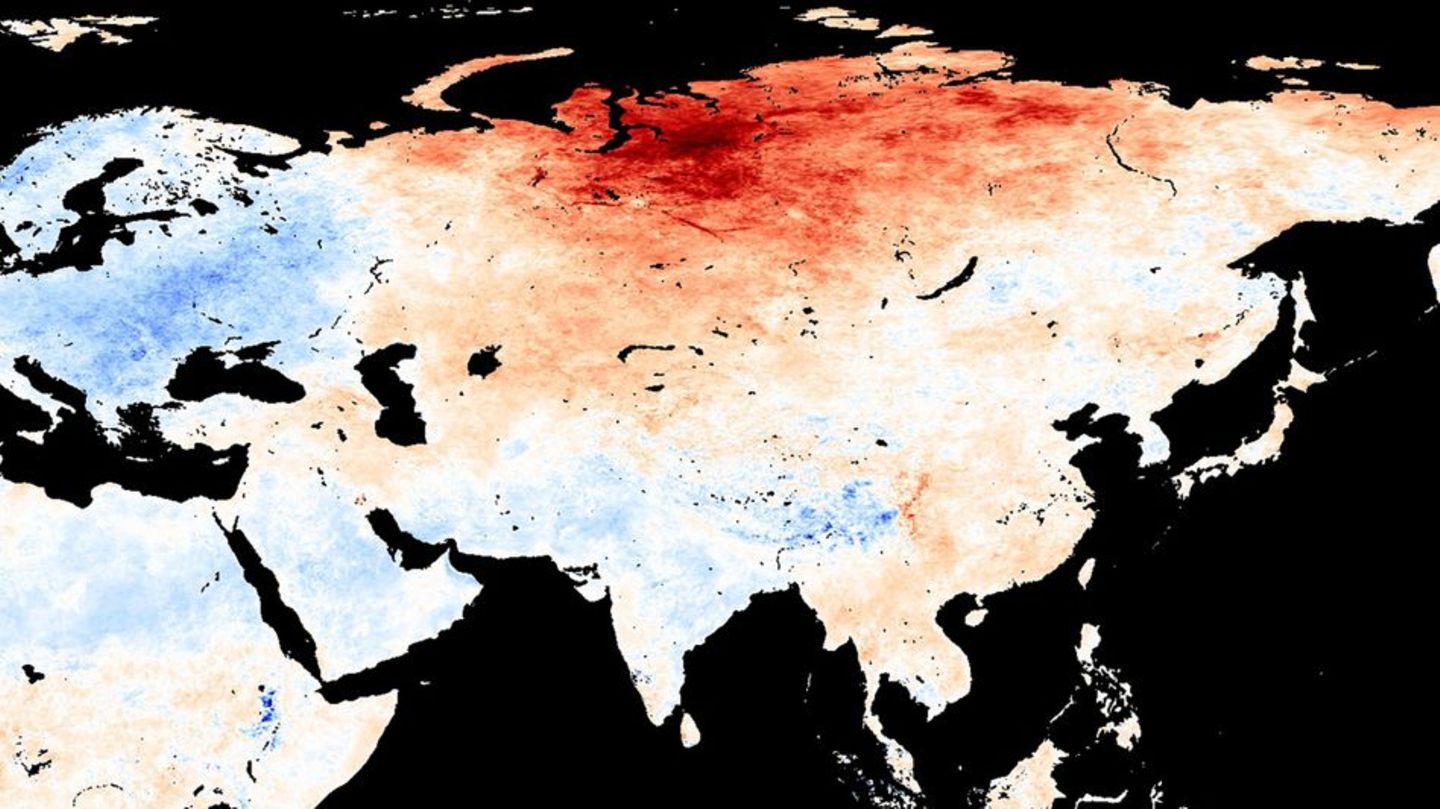 Temperaturkarte für den Monat Mai: Unterdurchschnittliche Werte sind blau gekennzeichnet, überdurchschnittliche rot