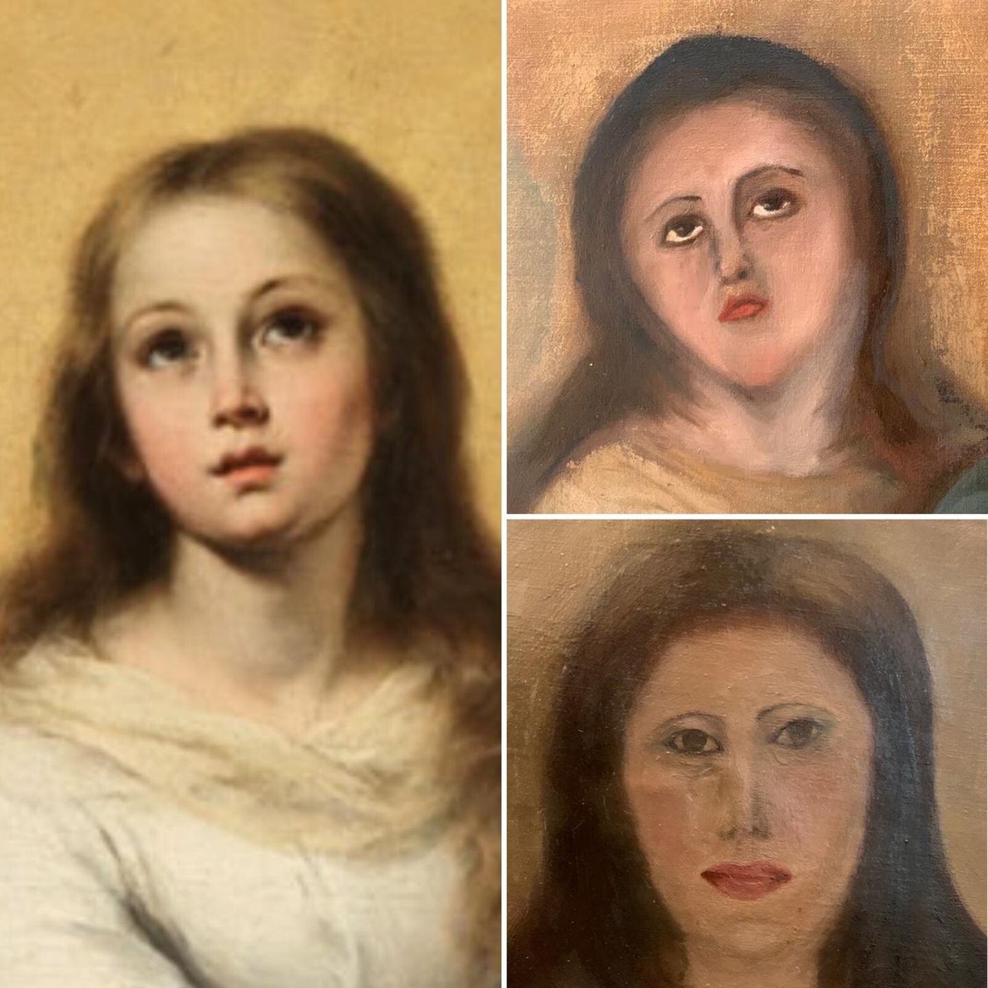 Die vom Sammler zur Verfügung gestellte Kombo zeigt die Kopie eines der Marienbildnisse des spanischen Barockmalers Bartolome Esteban Murillo (l), den ersten Restaurierungsversuch (oben) und den zweiten. 