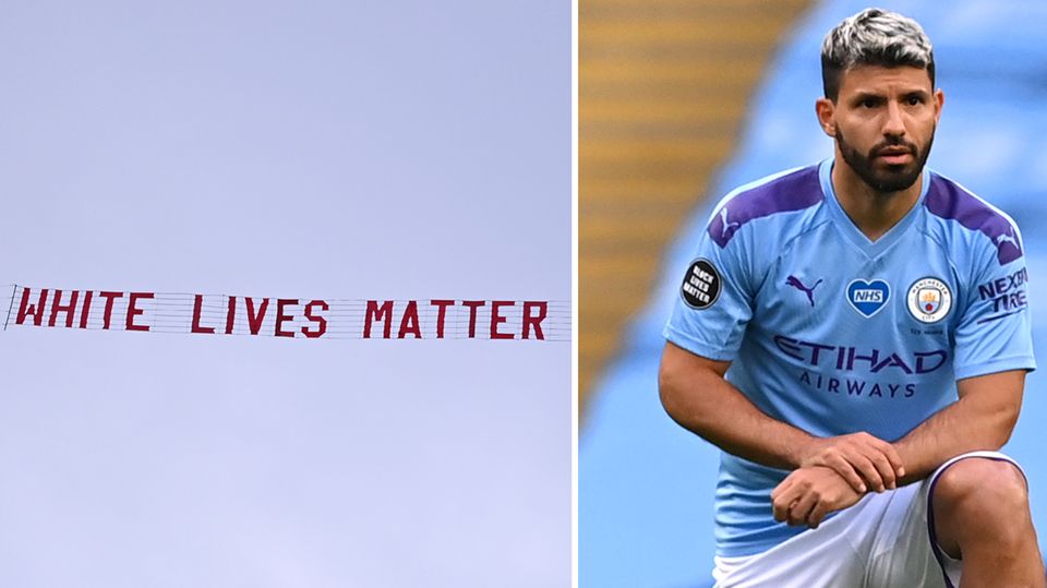 Ein Flugzeug fliegt kurz nach dem Anpfiff mit einem Banner mit der Aufschrift "White Lives Matter" über das Etihad-Stadion. Ein Flugzeug fliegt kurz nach dem Anpfiff mit einem Banner mit der Aufschrift "White Lives Matter" über das Etihad-Stadion.