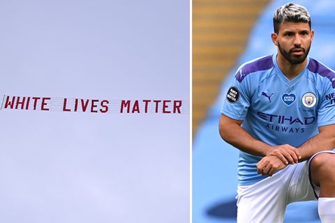Ein Flugzeug fliegt kurz nach dem Anpfiff mit einem Banner mit der Aufschrift "White Lives Matter" über das Etihad-Stadion.