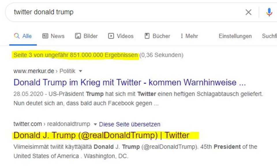 Social Media: Erst auf Seite 3 der Google-Suche taucht seit einiger Zeit Donald Trumps Twitter-Account "@realDonaldTrump" auf. Erst auf Seite 3 der Google-Suche taucht seit einiger Zeit Donald Trumps Twitter-Account "@realDonaldTrump" auf.