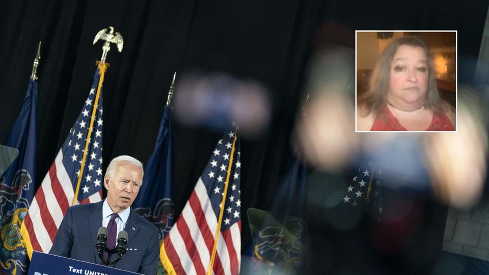 "TikTok-Grandma" kämpft für Biden: Joe Biden steht bei einem Wahlkampfauftritt auf der Bühne