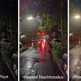 Auch bei Nacht kann sich die Kamera der Huawei P40 Pro+ sehen lassen. Trotz Regens und Straßenbeleuchtung gelingt der Standardkamera ganz links ein beeindruckendes Bild. Das mit dem 8-Sekündigen Nachtmodus aufgenommene Foto kann noch zusätzliche Details in den dunklen Bildteilen herausholen, das Bild wirkt aber unnatürlicher. Beeindruckend: Anders als im mit drei Sekunden Belichtungszeit geschossenen Vergleichsbild des iPhone ist sogar in der Langzeitaufnahme der Regenfall an der Laterne zu erkennen.