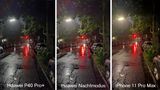 Auch bei Nacht kann sich die Kamera der Huawei P40 Pro+ sehen lassen. Trotz Regens und Straßenbeleuchtung gelingt der Standardkamera ganz links ein beeindruckendes Bild. Das mit dem 8-Sekündigen Nachtmodus aufgenommene Foto kann noch zusätzliche Details in den dunklen Bildteilen herausholen, das Bild wirkt aber unnatürlicher. Beeindruckend: Anders als im mit drei Sekunden Belichtungszeit geschossenen Vergleichsbild des iPhone ist sogar in der Langzeitaufnahme der Regenfall an der Laterne zu erkennen.
