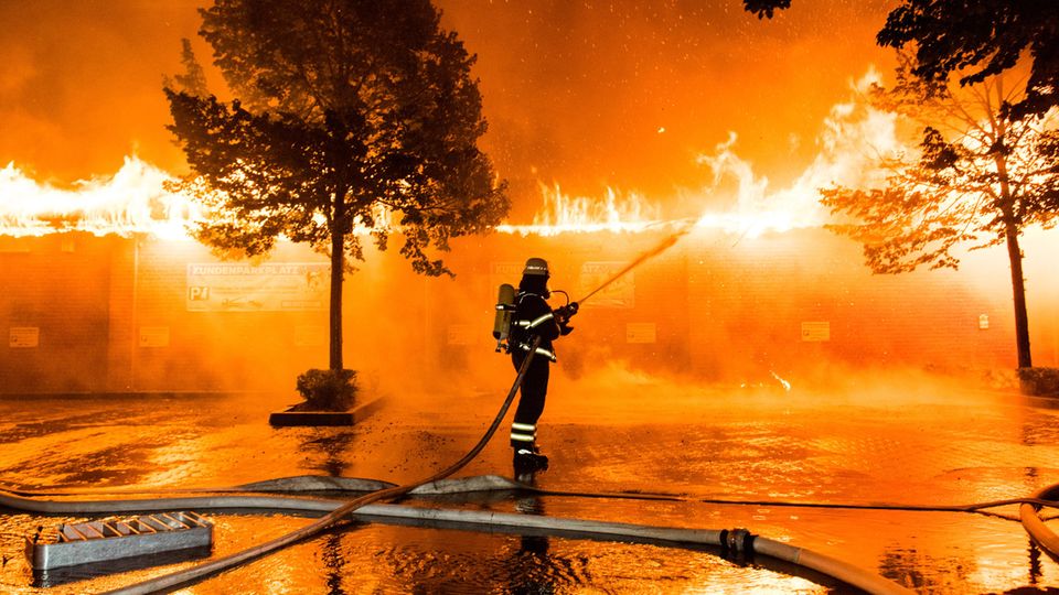 Hamburg: Ein Feuerwehrmann löscht einen Brand in einem Geschäft für Tierfutter