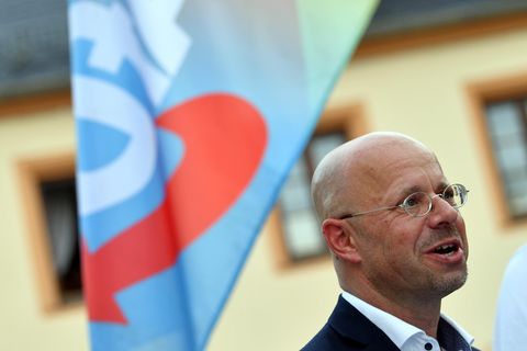 Der Brandenburger AfD-Politiker Andreas Kalbitz auf einer Kundgebung der Partei