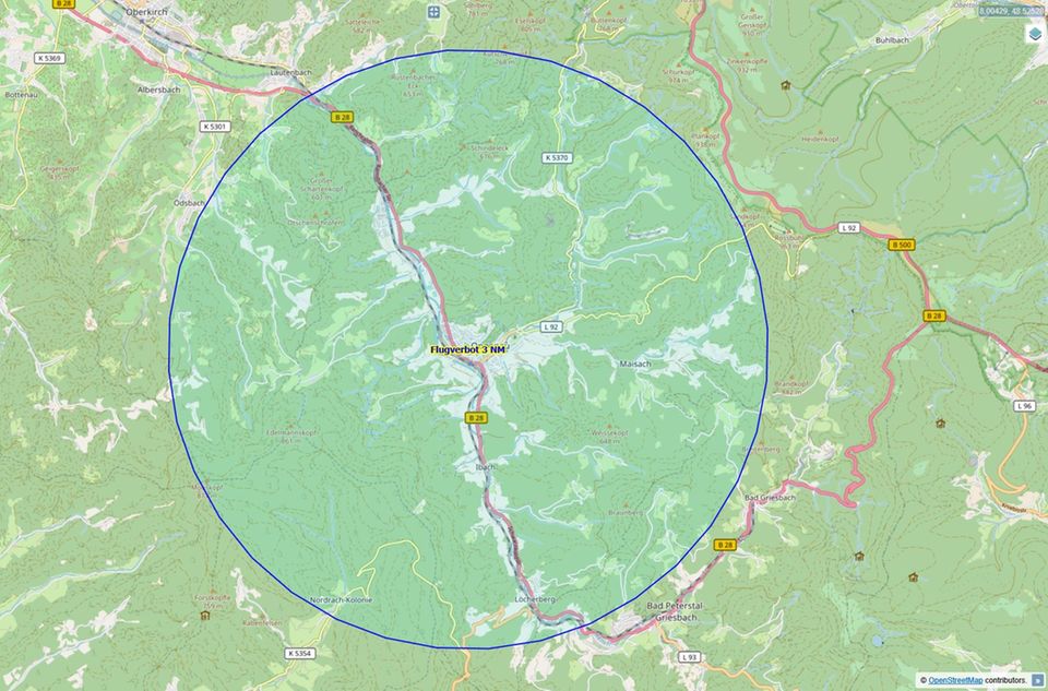 Flugverbotszone um Oppenau im Schwarzwald