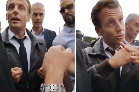 Links steht Frankreichs Präsident Emmanuel Macron und spricht umgeben von Demonstranten, rechts gestikuliert er