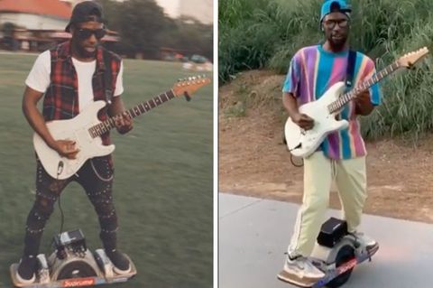 Musiker Chavis Flagg auf seinem Skateboard