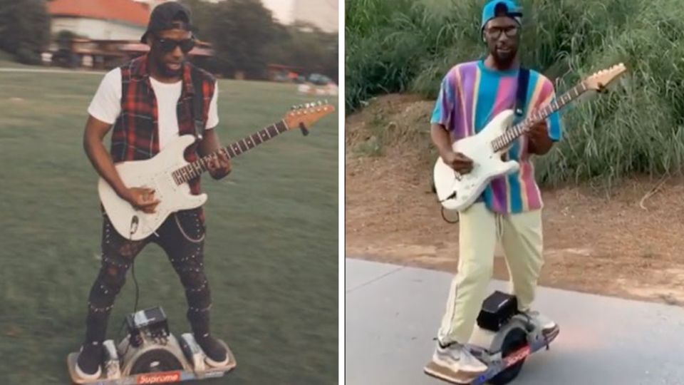 Musiker Chavis Flagg auf seinem Skateboard Musiker Chavis Flagg auf seinem Skateboard