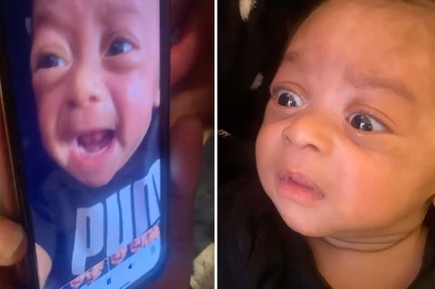 Baby sieht sich selbst beim Schreien zu