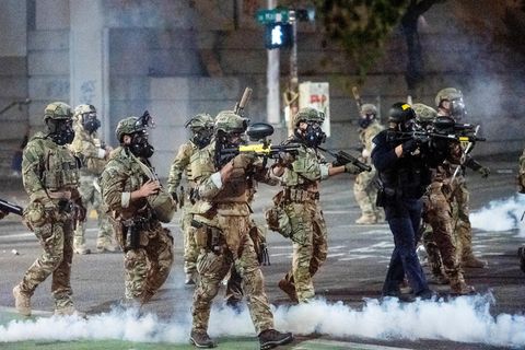 Bundespolizisten richten ihre Waffen auf Demonstranten