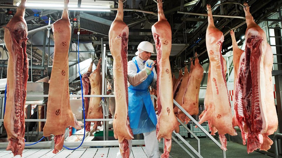 Ein Schlachthofmitarbeiter schneidet Fleisch aus einer Schweinehälfte heraus