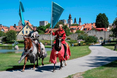 Auf der schwedischen Ostsee-Insel Gotland erinnern Ritter hoch zu Ross Urlauber an die Einhaltung der Abstandsregel