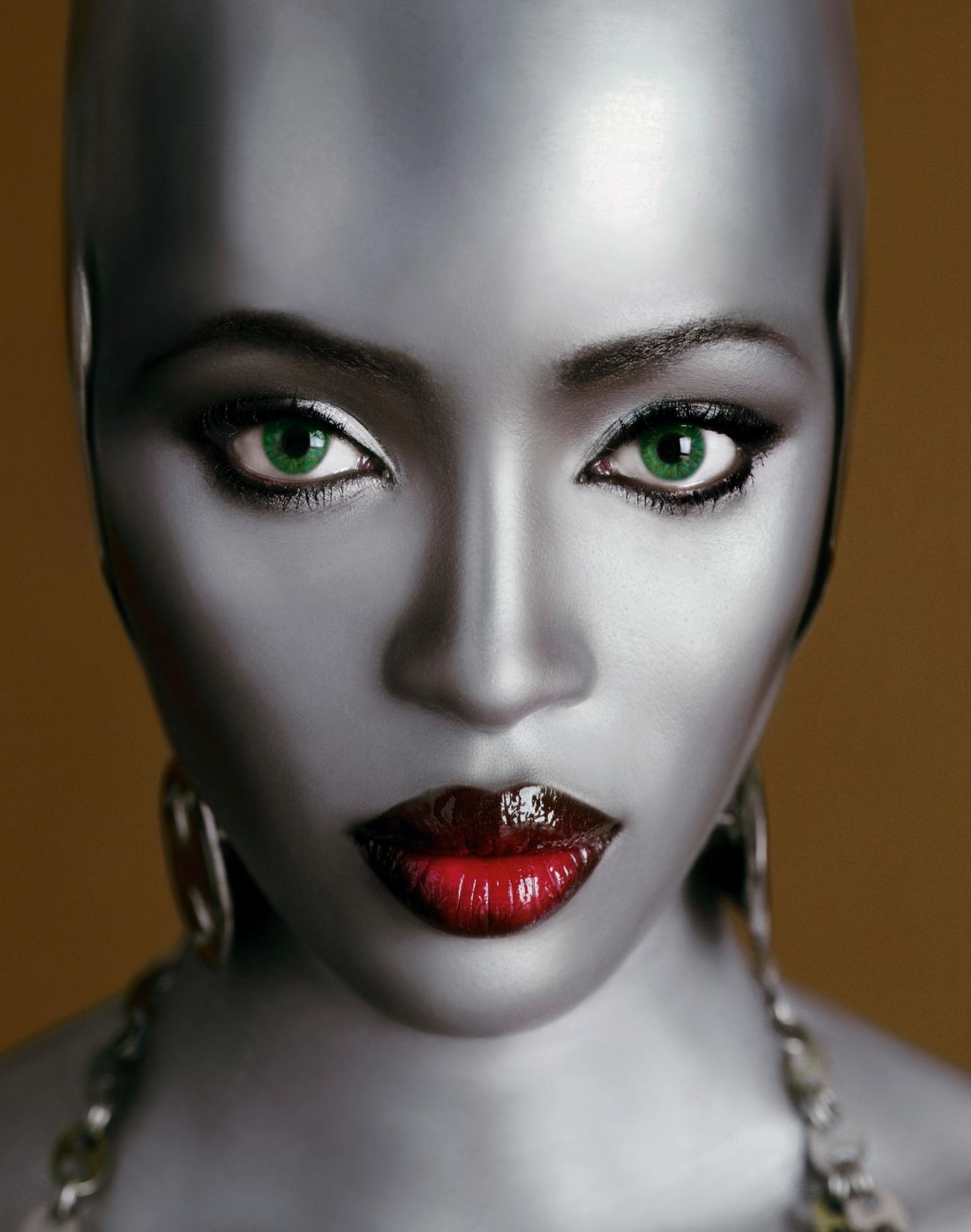 Das Gesicht von Naomi Campbell in metallischem Silber