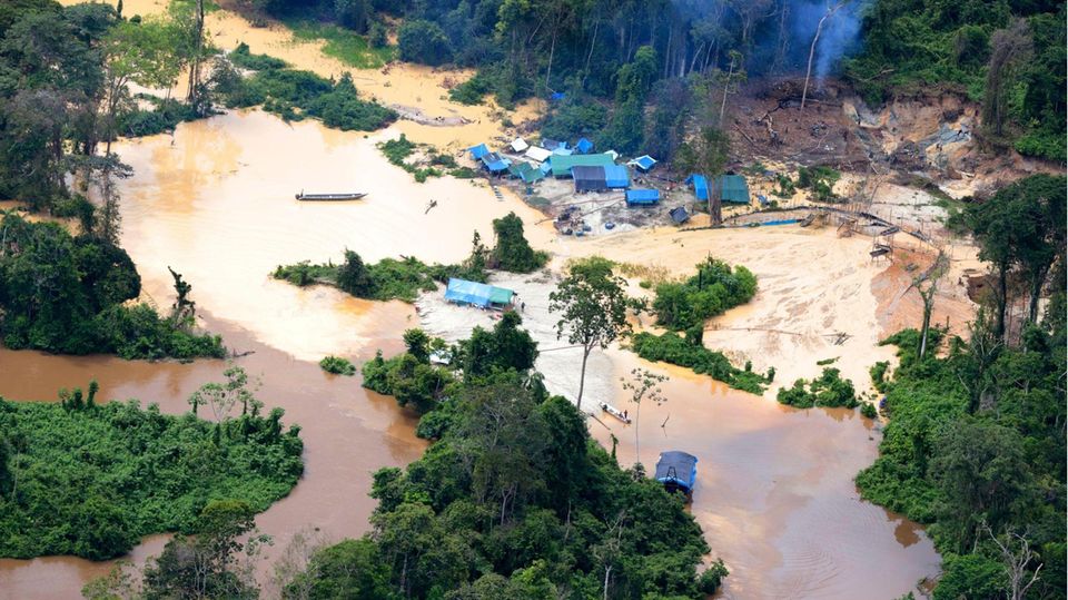 Aerial handout photo released by Greenpeace Brazil of an illegal mine in Roraima state, Brazil, on May 12, 2020. - Greenpeace denounced on June 25, 2020 an increase of 80% in deforestation for illegal mining purposes in protected areas and 13% in indige... Bilder einer illegalen Mine im Regenwald Brasiliens