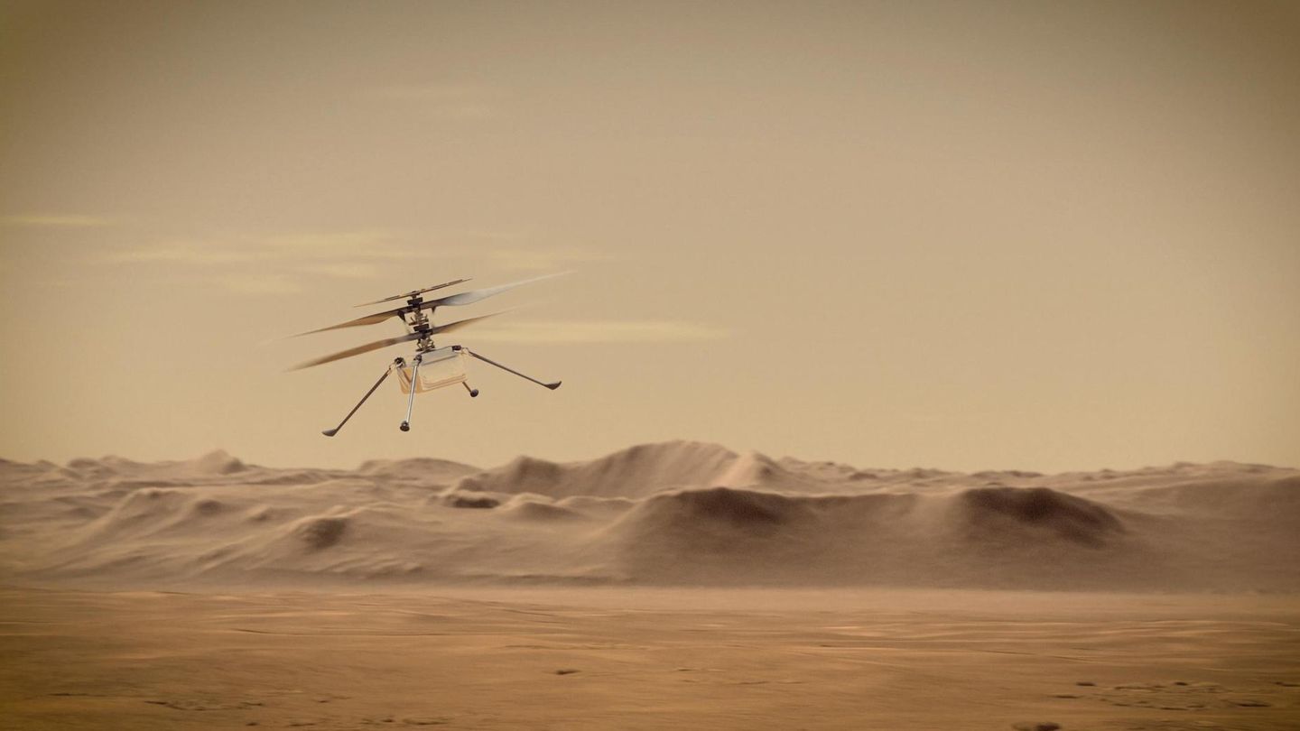 Der Mars Helicopter Ingenuity über der Oberfläche des Mars