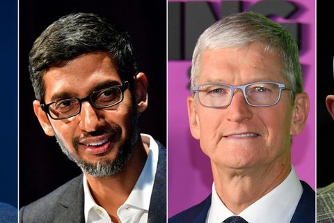 Die Tech-Bosse (v.l.n.r.) Mark Zuckerberg (Facebook), Sundar Pichai (Google), Tim Cook (Apple) und Jeff Bezos (Amazon)