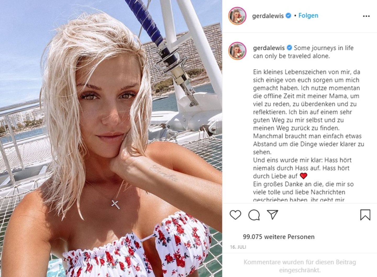 Gerda Lewis meldet sich auf Instagram zurück