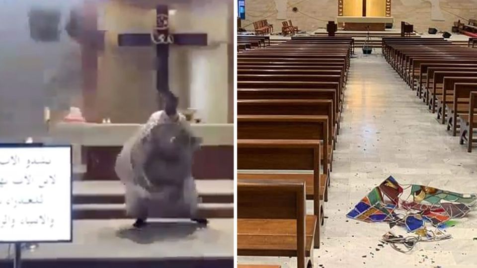 Beirut: Ein Priester weicht fallenden Trümmern in seiner Kirche während der Explosion aus. Beirut: Ein Priester weicht fallenden Trümmern in seiner Kirche während der Explosion aus.