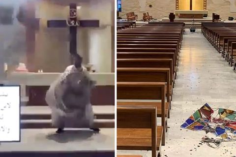 Beirut: Ein Priester weicht fallenden Trümmern in seiner Kirche während der Explosion aus.