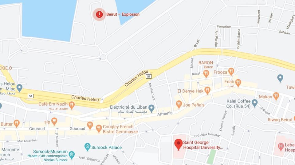 Das St. Georges Krankenhaus in Beirut und der Ort der Explosion Die Karte zeigt das St. Georges Krankenhaus in Beirut und den Ort der Explosion.