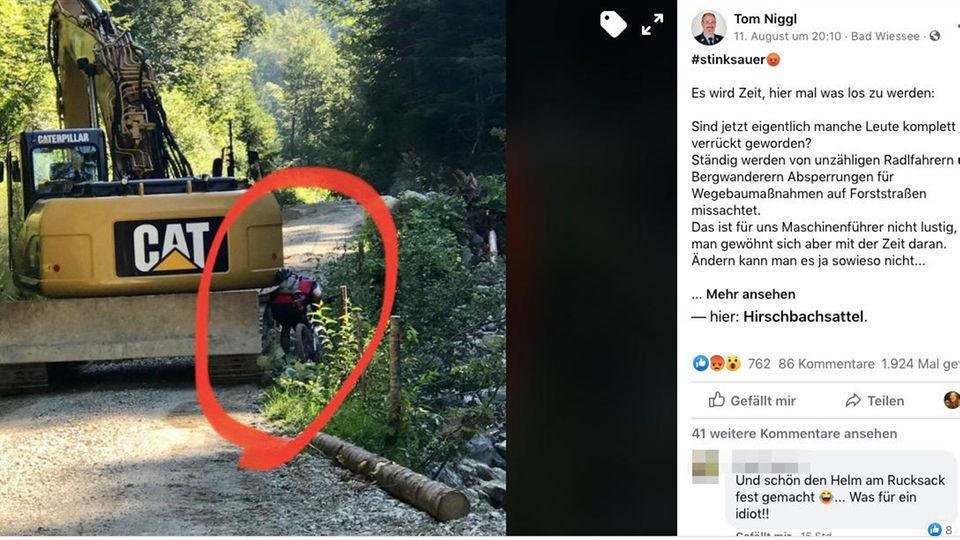 Screenshot Facebook: Mountainbiker drängelt sich an rechter Seite eines Baggers vorbei