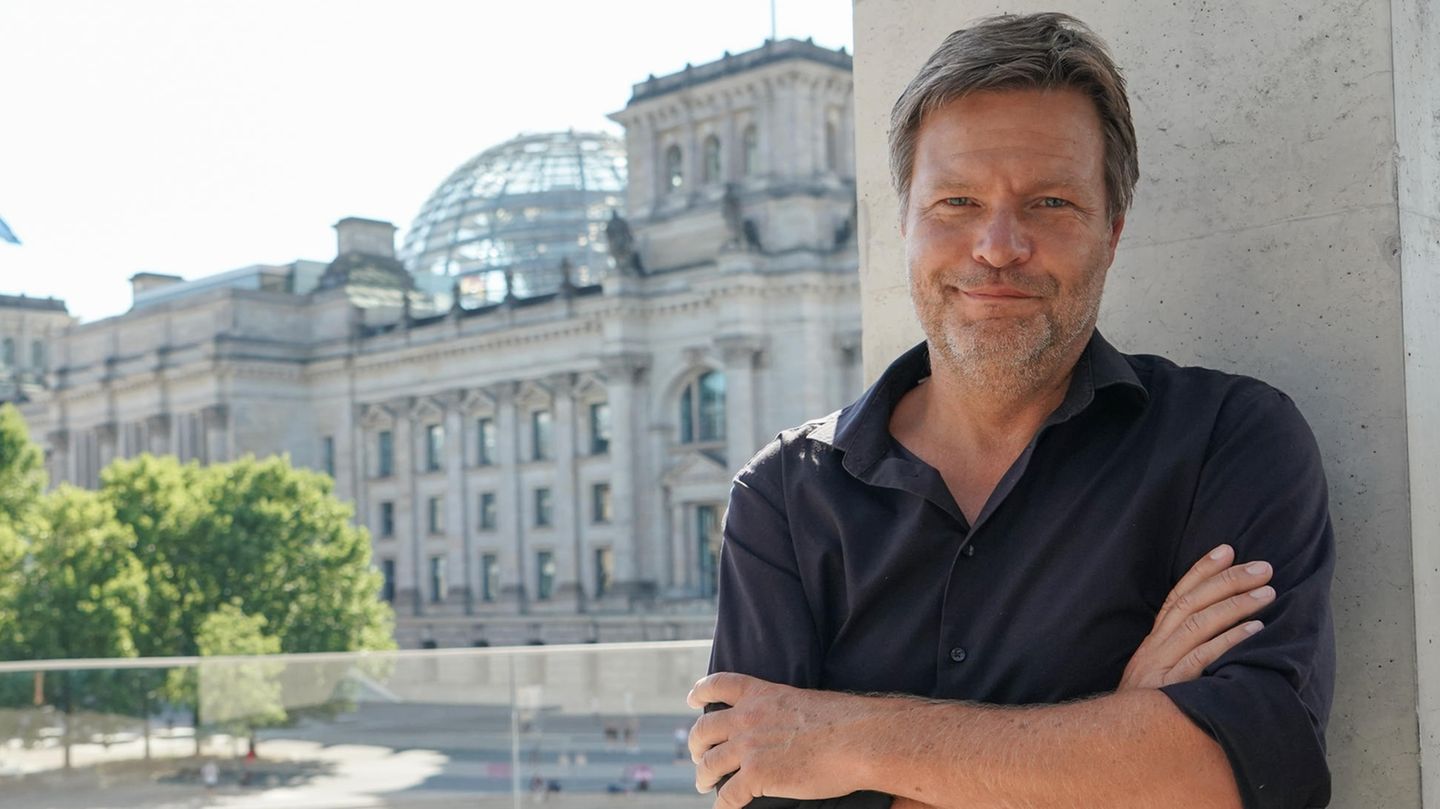 Grünen-Chef Robert Habeck im Sommerhemd, der Reichstag im Hintergrund