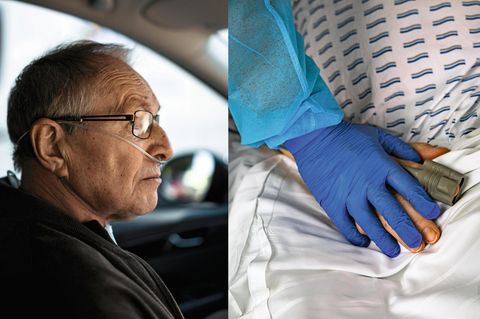 Wenzel D. auf dem Weg in die Reha-Klinik. Rechts: Klinikpersonal hält seine Hand