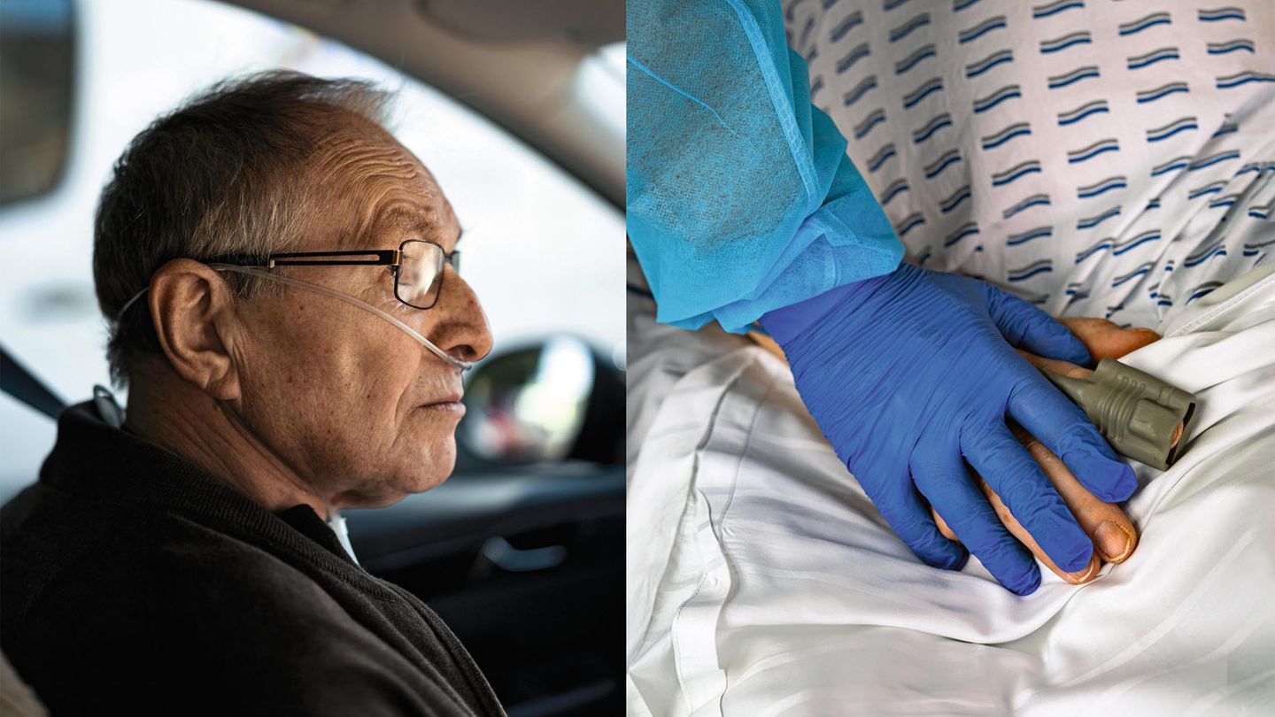 Wenzel D. auf dem Weg in die Reha-Klinik. Rechts: Klinikpersonal hält seine Hand