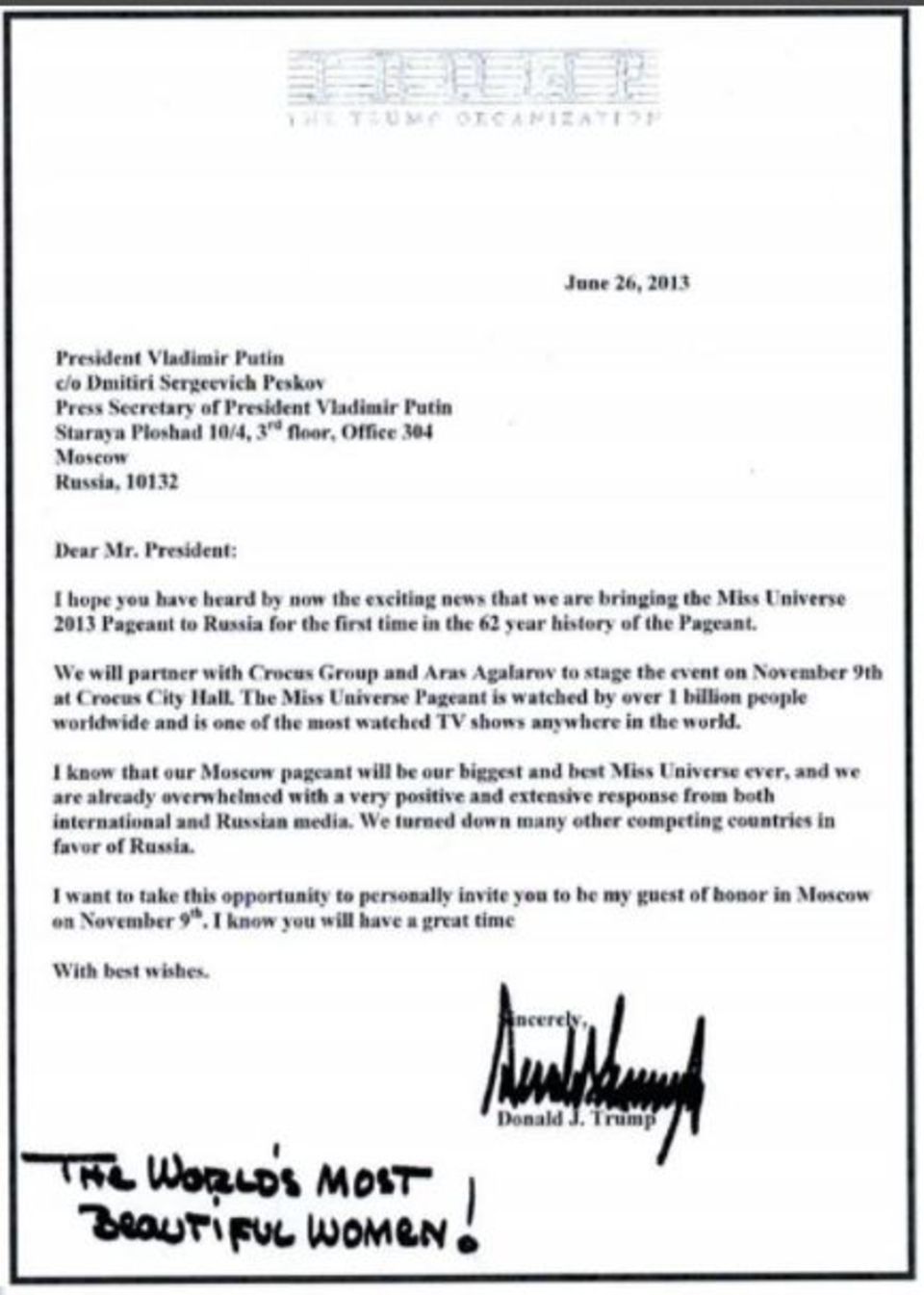 Trump-Brief Einladung an Wladimir Putin zur Wahl Miss Universe 2013 Trump-Brief Einladung an Wladimir Putin zur Wahl Miss Universe 2013