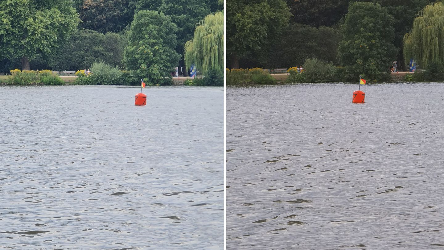 Smartphone-Test: Im direkten Vergleich des zehnfachen Zooms ist gut zu sehen, dass beim Hybrid-Ansatz das Samsung Galaxy Note 20 Ultra (links) mehr Details verloren gehen als beim optischen des P40 Pro (rechts).